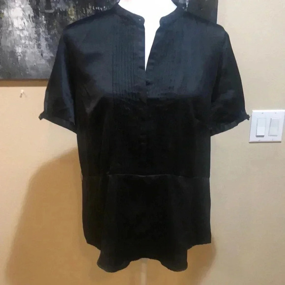 Worthington Satin Look Black Women's Top with Puffed Short Sleeves & Pleats-16 - Picture 1 of 7